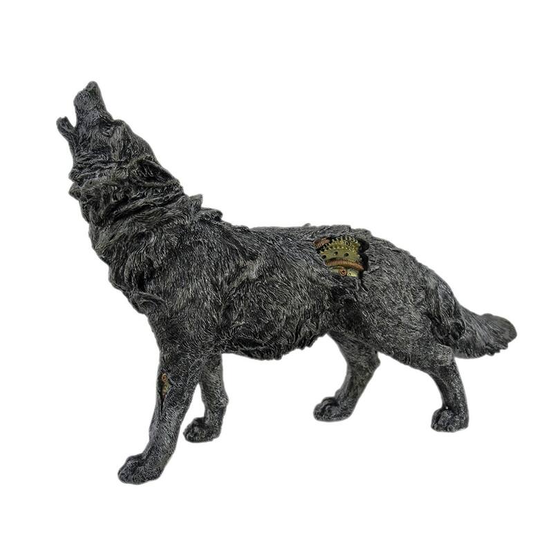 Steampunk Style Howling Gray Wolf Resin Statue 13.25 Inches Long - 10.75 X 13.25 X 3.25 inches