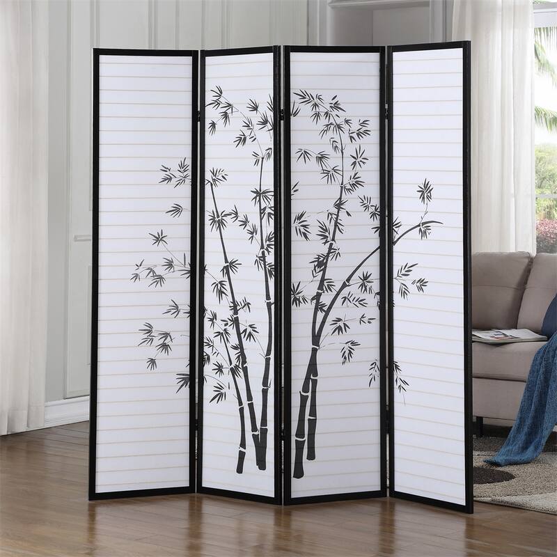 Bamboo Print 4-Panel Framed Room Screen/Divider, Black/White