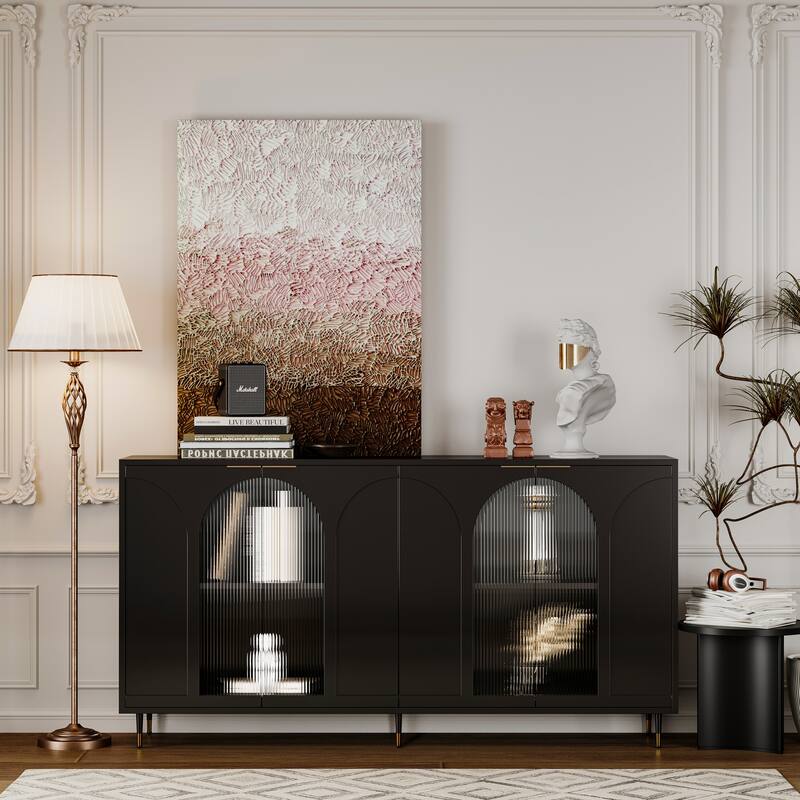 Black Sideboard Buffet Server Cabinet TV Console Table w/ 4 Glass Doors, Hallway Cabinet Adjustable Shelf Accent Storage Cabinet