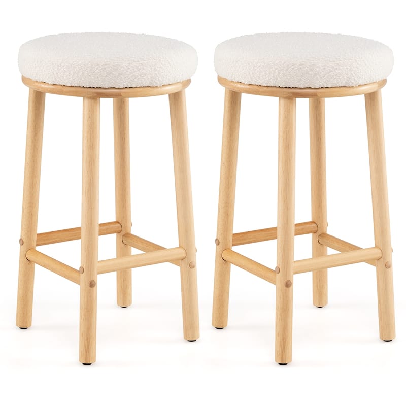 White Boucle Fabric Counter Height Bar Stools with Rubber Wood Frame Rustic Farmhouse 27 Inch Bar Chairs - 16" x 16" x 27"