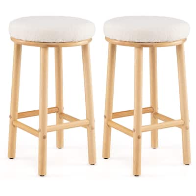 White Boucle Fabric Counter Height Bar Stools with Rubber Wood Frame Rustic Farmhouse 27 Inch Bar Chairs - 16" x 16" x 27"