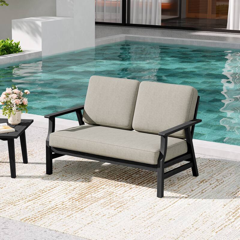 Teak Frame Outdoor Loveseat Daybed with Water-Resistant Cushions.
