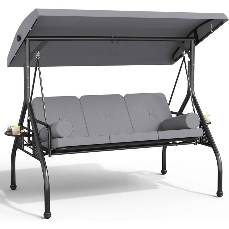 Outdoor Patio 3-Seat Porch Swing Cushioned Seat Bench Chair with Adjustable Tilt Canopy & Side Trays