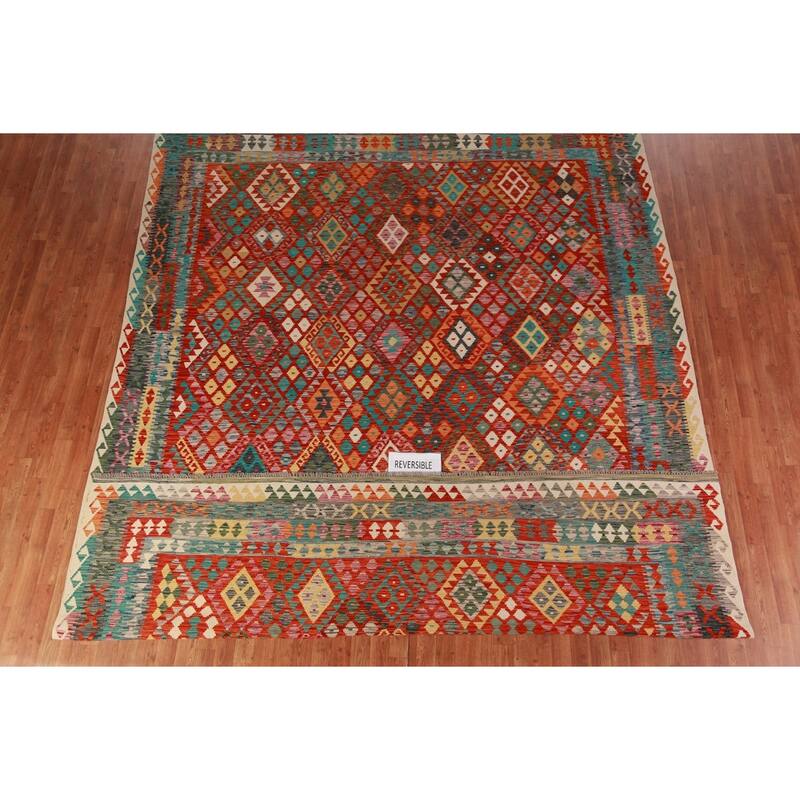 Reversible Kilim Oriental Area Rug Flatweave Dining Room Wool Carpet - 9'10"x 13'0"