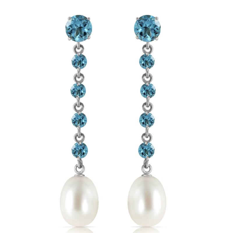 14K Solid Gold Chandelier Blue Topaz & Pearl Gemstone Earrings