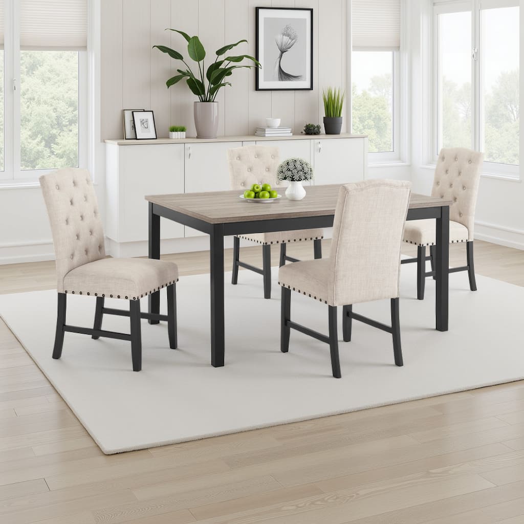 Phy 5pc Dining Table and Chairs Set, Nailheads, Tufted Beige, Brown, Black