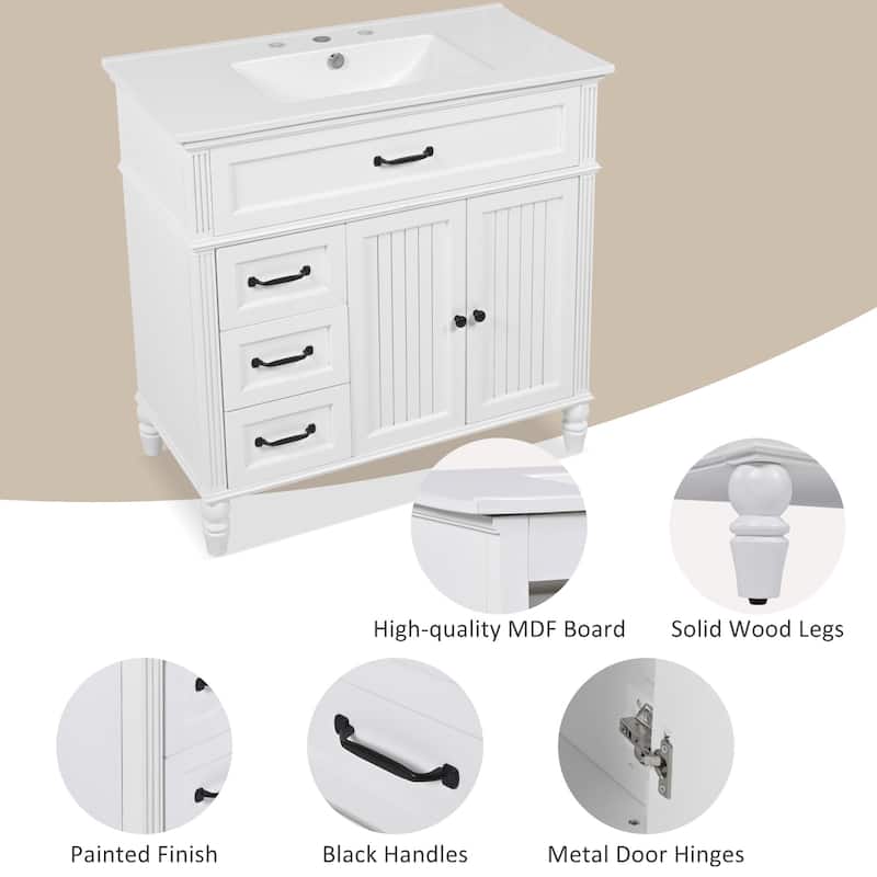 36" Bathroom Vanity with Sink, Freestanding Cabinet with 2 Drawers & Double Doors, Solid Wood Frame, Soft-Close Design