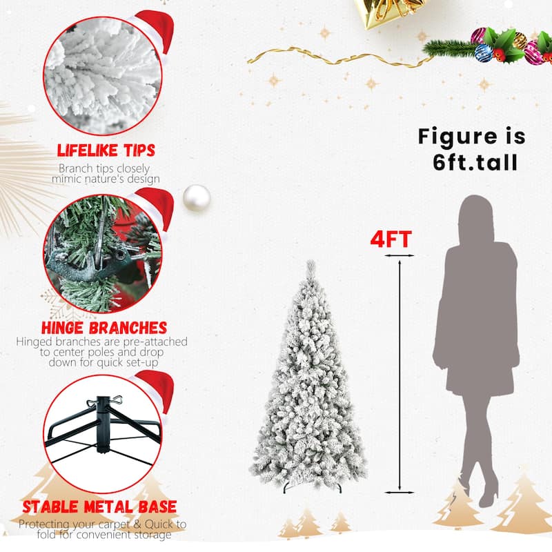 8FT Flocked Christmas Tree with 600 Warm White LED Lights-1445 Tips,Snowy PVC&Hard Needle Branches,Hinged Design for Easy Setup