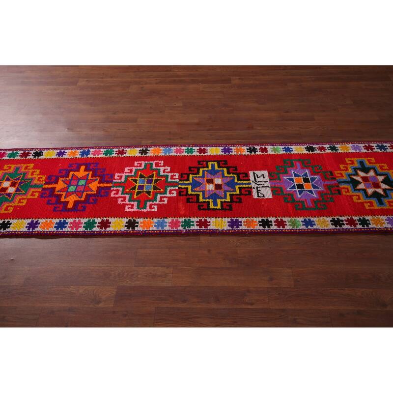 Tribal Anatolian Turkish Vintage Runner Rug Handmade Red Silk Carpet - 1'11"x 10'6"