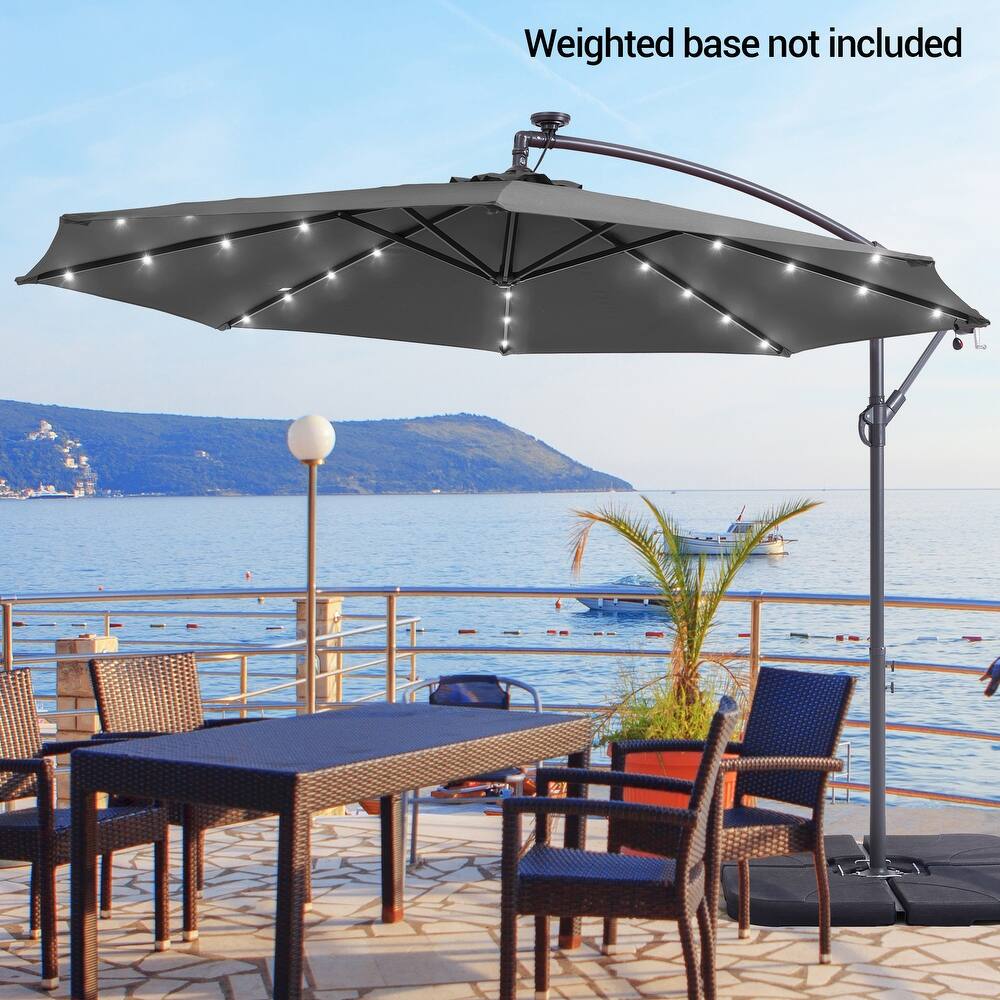10Ft LED Patio Offset Umbrella Hanging Circle Umbrellas,w/Cross Base
