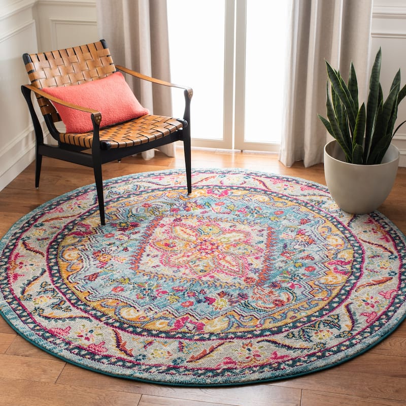SAFAVIEH Phoenix Sameh Vintage Boho Oriental Rug - 6'7" Round - Turquoise/Beige