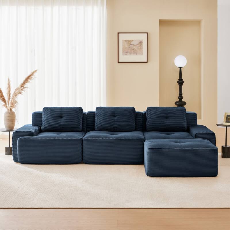 117" Modern L-Shaped Modular Sectional Sofa for Living Room, Corduroy Fabric,3-Seater Couch with Deep Seat and Movable Ottoman
