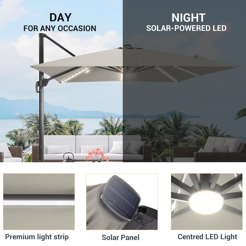 LIVOOSUN Patio10x10FT LED Aluminum Cantilever Umbrella Solution-Dyed Fabric w/Base