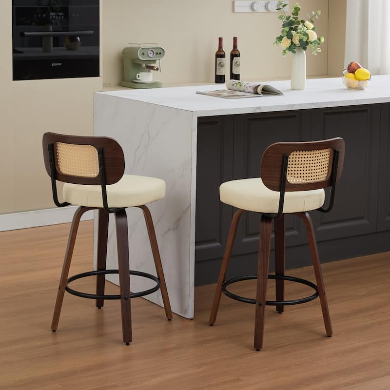 360° Swivel Upholstered Bar Stools Set of 2, 26"H Rattan Counter Height Stools with Cane Back & Wood Frame for Kitchen Island