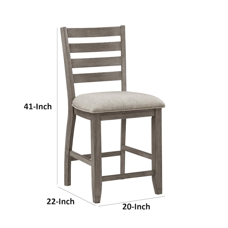 Trea 26 Inch Counter Height Chair, Ladder Back, Polyester, Gray Solid Wood