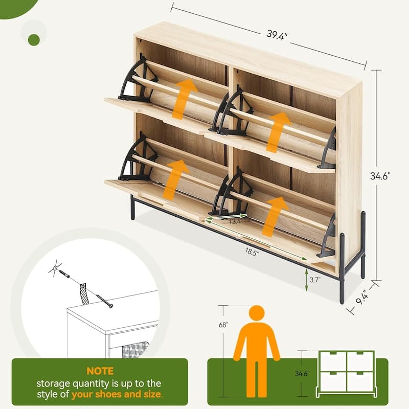 4-Door Freestanding Rattan Shoe Cabinet Organizer with Adjustable Shelves