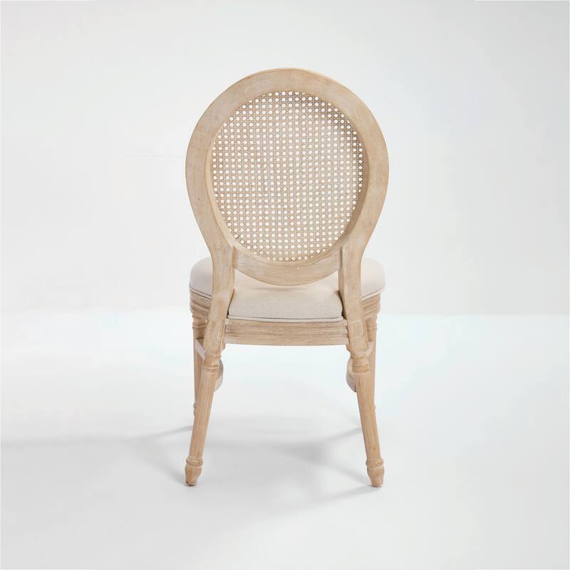 Set of 2 French Country Dining Chairs, Upholstered with Natural Rattan Round Back