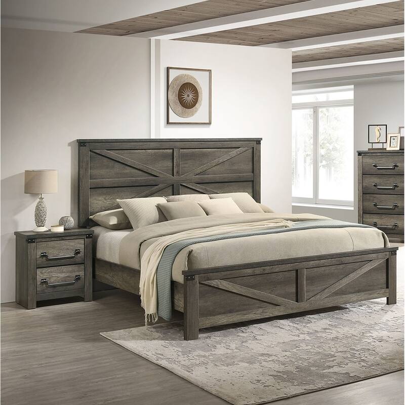 Queen Size Engineered Wood Platform Bed Set with Farmhouse Headboard and 2 Nightstands