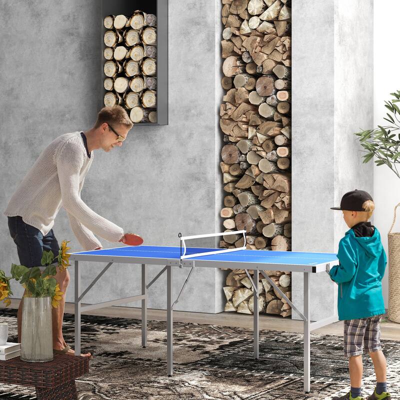 Soozier Mini Ping Pong Table Set for Outdoor and Indoor, Foldable Table Tennis Table with Net, 2 Paddles, 3 Balls, Adjustable