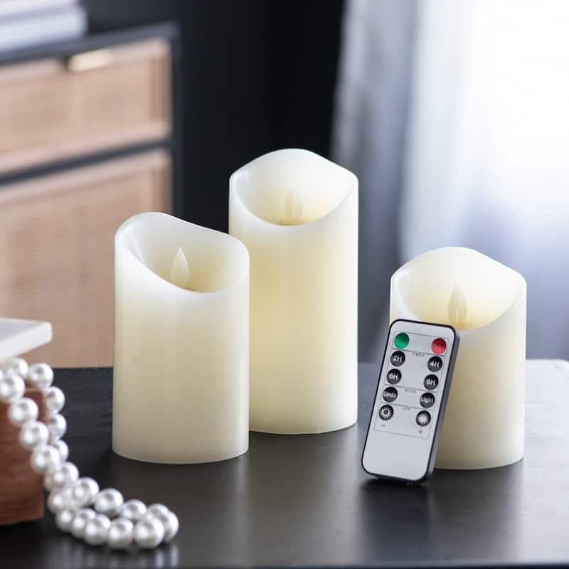 3 Piece Flickering LED Candles with Remote Timer - Ivory