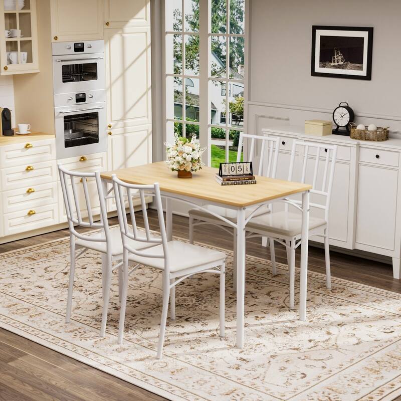 5-Piece Dining Set, 43.3" Rectangle Wood Table with 4 Steel Chairs - White