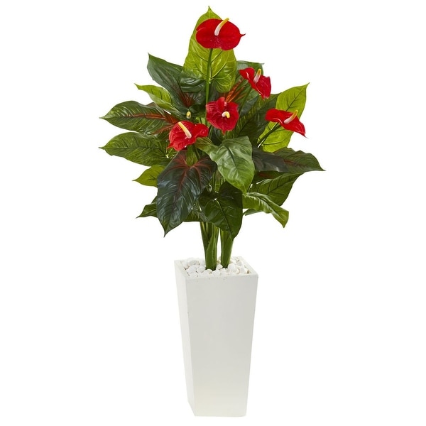 Nearly Natural 4.5' Anthurium Artificial Plant in White Tower Planter