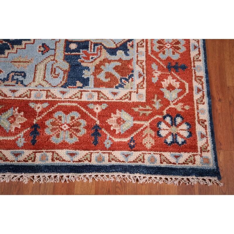 Blues & Orange Heriz Serapi Indian Area Rug Hand-Knotted Wool Carpet - 7'7" x 9'11"