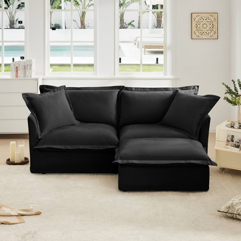 Slipcovered Chenille 2-Seater Sofa Couch with Convertible Ottoman & Soft Big Pillows