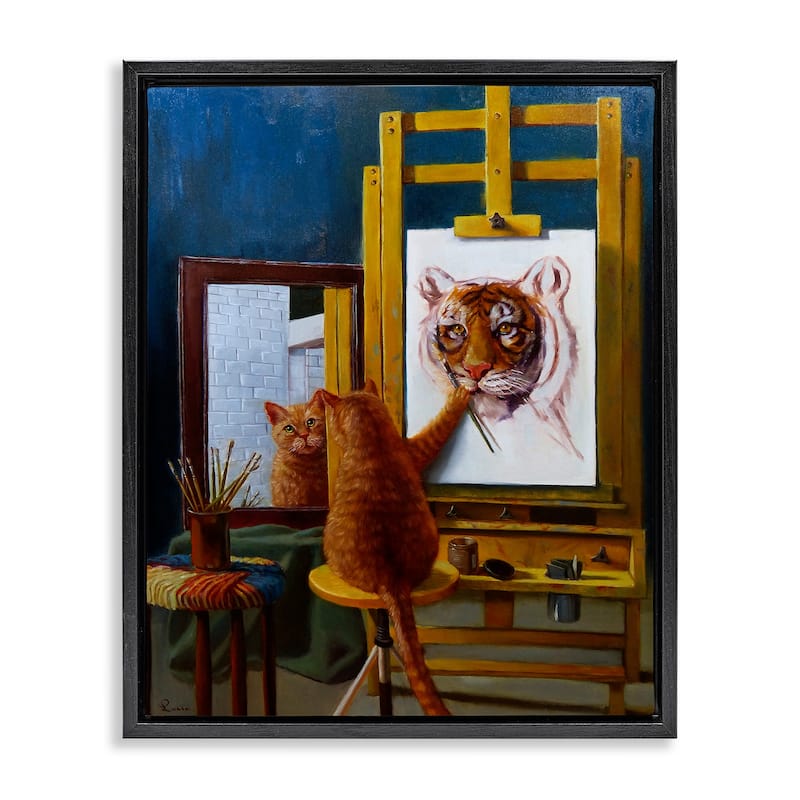 Stupell Cat Confidence Self Portrait as a Tiger Funny Painting Floater Frame - Multi-Color - 25 x 31 - Black