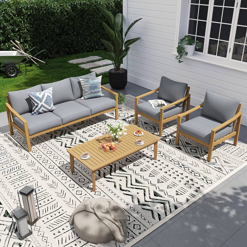 Outdoor 4 Piece Wooden Chair Set With Table - Grey