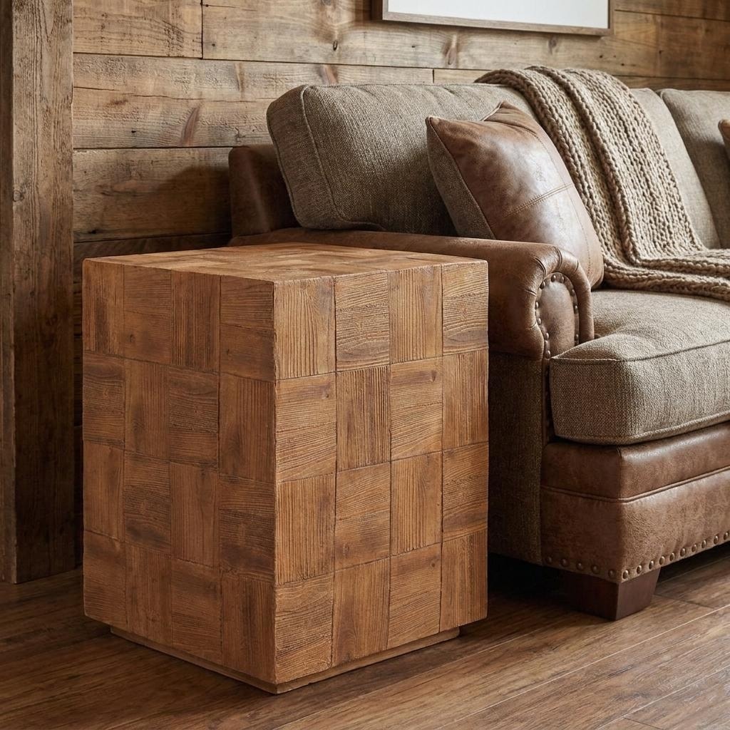 HomeRoots 22" Natural Faux Wood Steel Block End Table - 16.00 in. x 22.00 in. x 16.00 in.