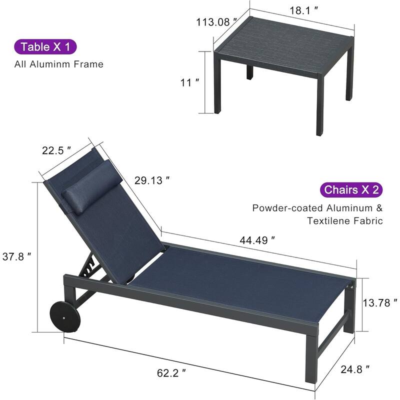 PURPLE LEAF Lounge Chair Set for Outside Aluminum Patio Recliner with Side Table and Pillow Beach Sunbathing Tanning Chairs