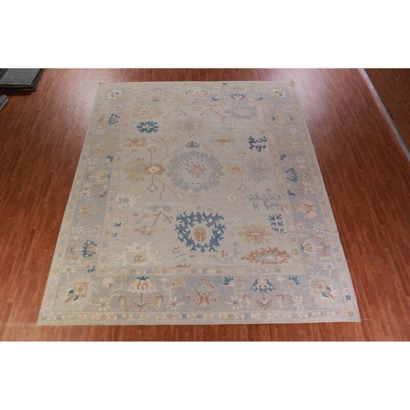 Vegetable Dye Oushak Turkish Rug Hand-Knotted Beige Wool Carpet - 12'6" x 14'9"