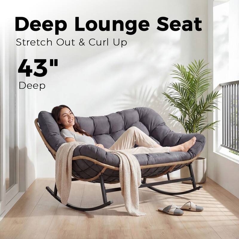 60" Double Papasan Rocking Chair for 2, 700-lb Capacity Wicker Egg Rocker with 5.1" Thick Cushion