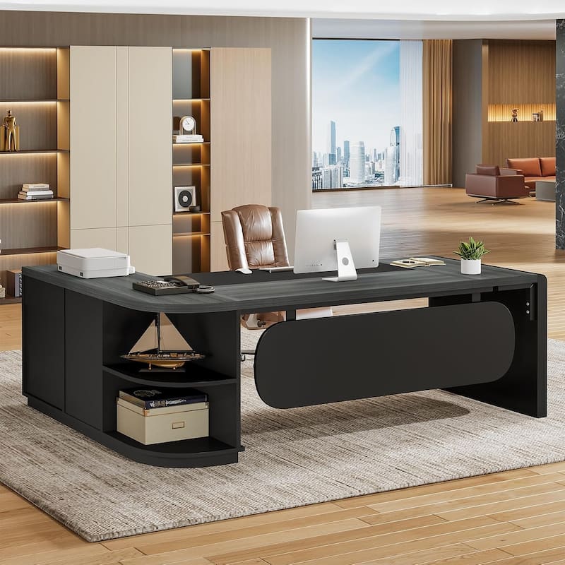 80'' Executive Desk, L-Shaped Office Table with 55'' Cabinet