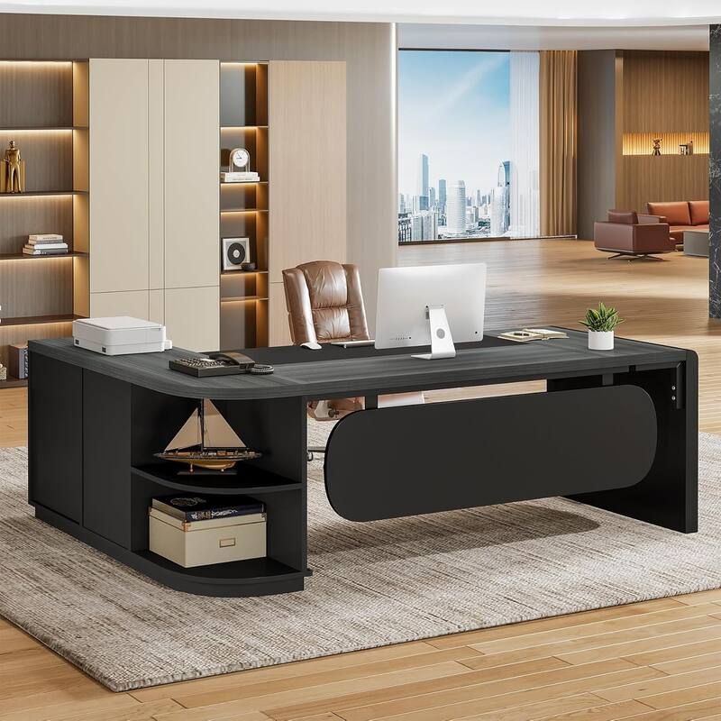 80 Inches Executive Desk, L-Shaped Office Desk with 55 Inches Cabine - Grey&Black