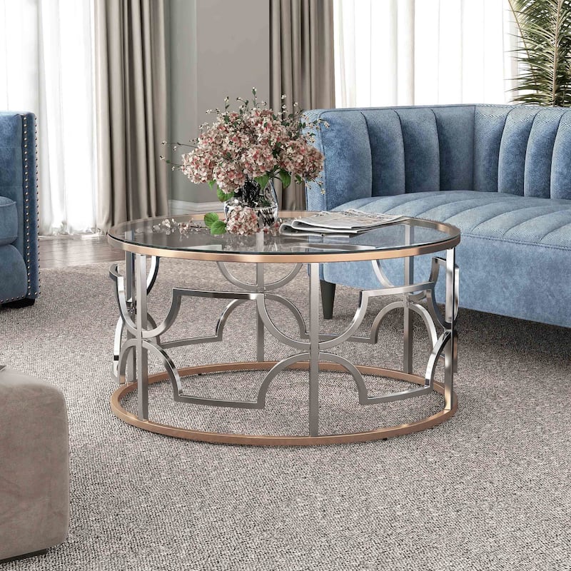 Ders Glam Chrome and Gold Plating Tempered Glass Top 2-Piece Coffee Table Set by Furniture of America