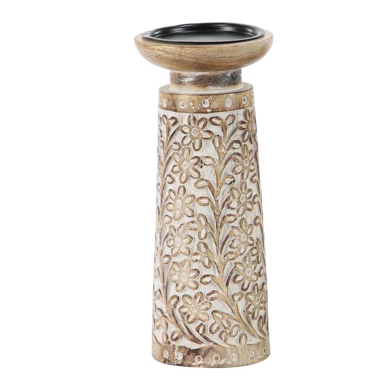 Mango Wood Floral Handmade Carved Pillar Candle Holder with Cream Accents - Set of 3 Brown - Roche River Decor