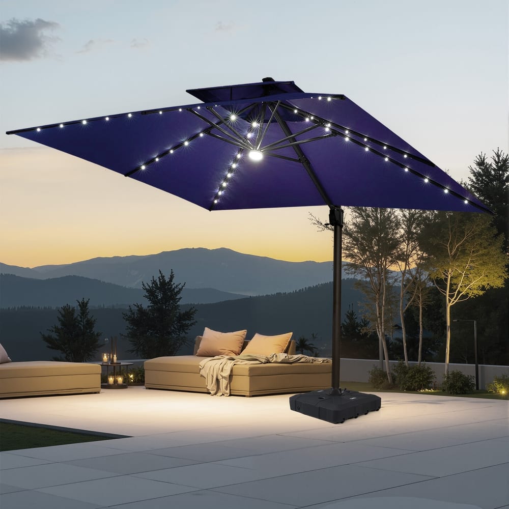 VredHom 11X11 FT Outdoor Square Cantilever Patio Aluminum Umbrella Solar LED Light with Wheel Base