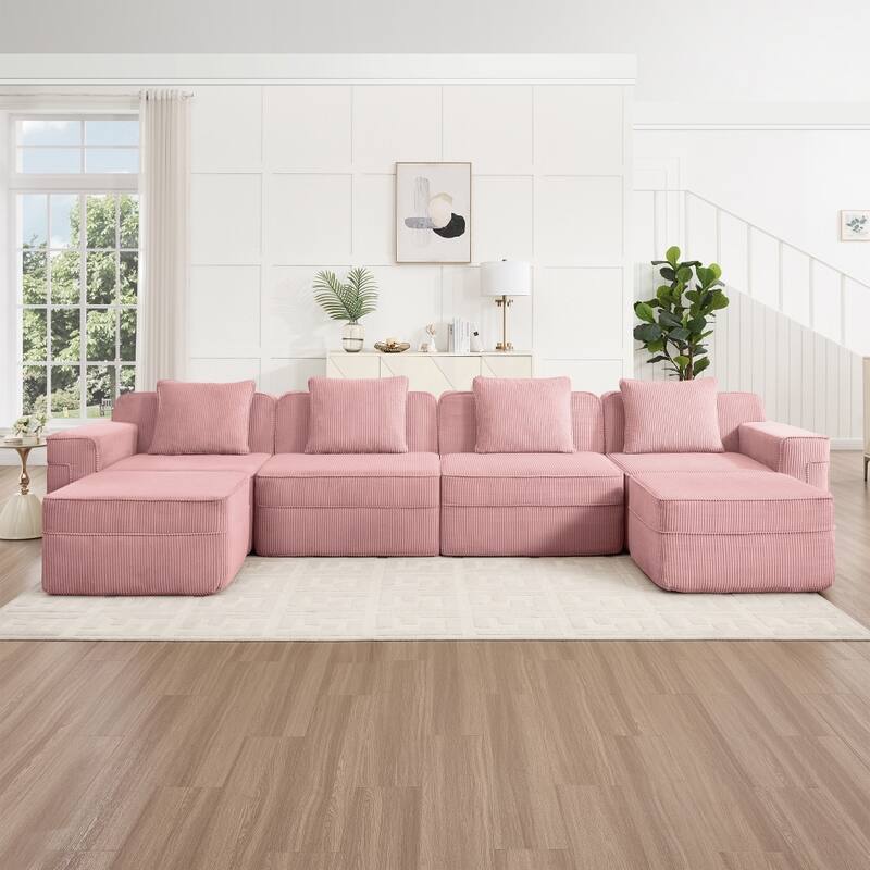 4-Seat U-shaped Corduroy Modular Boneless Cloud Sofa with 2 Movable Ottomans - Pink