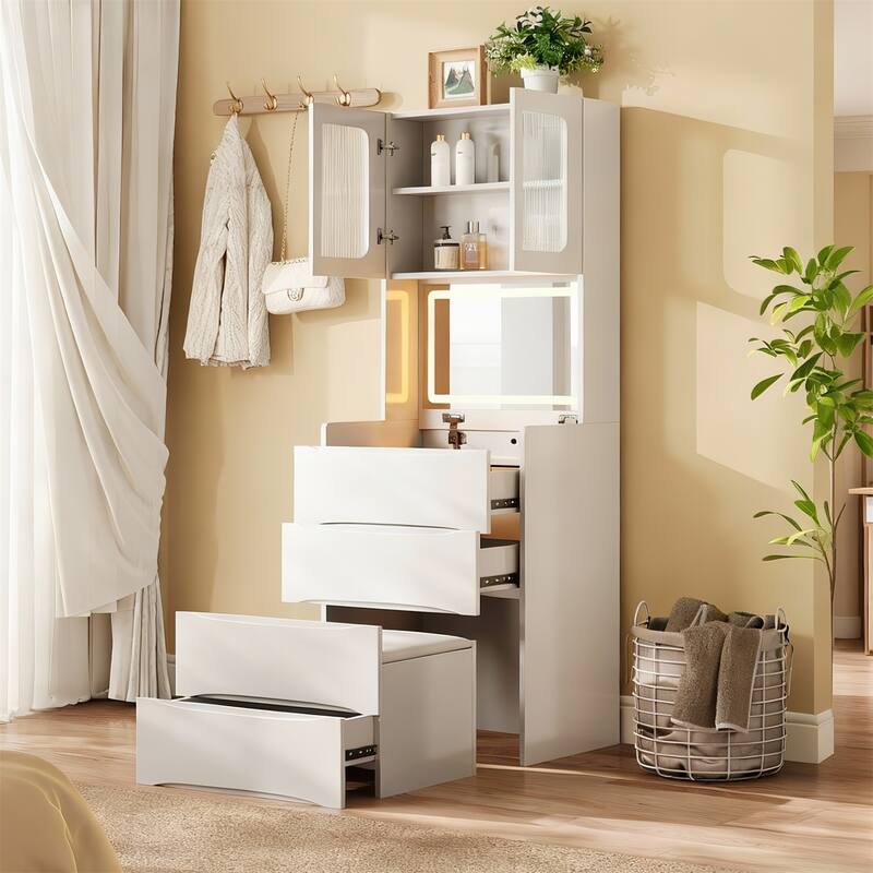 3-in-1 Vanity Table with LED Mirror & Storage Stool, Adjustable Lights