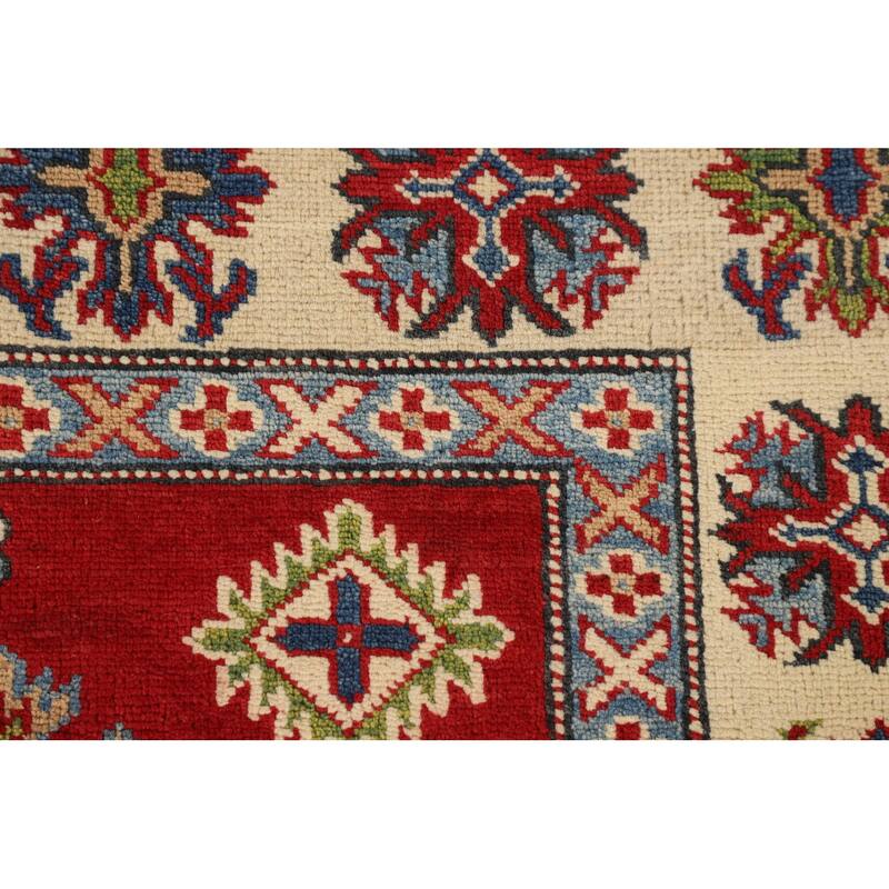 Geometric Kazak Area Rug Hand-Knotted Oriental Red Wool Carpet - 6'6" x 9'11"