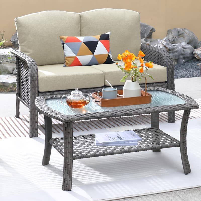 XIZZI 2-piece Outdoor Furniture Wicker Loveseat Sofa Set with Coffee Table - Beige