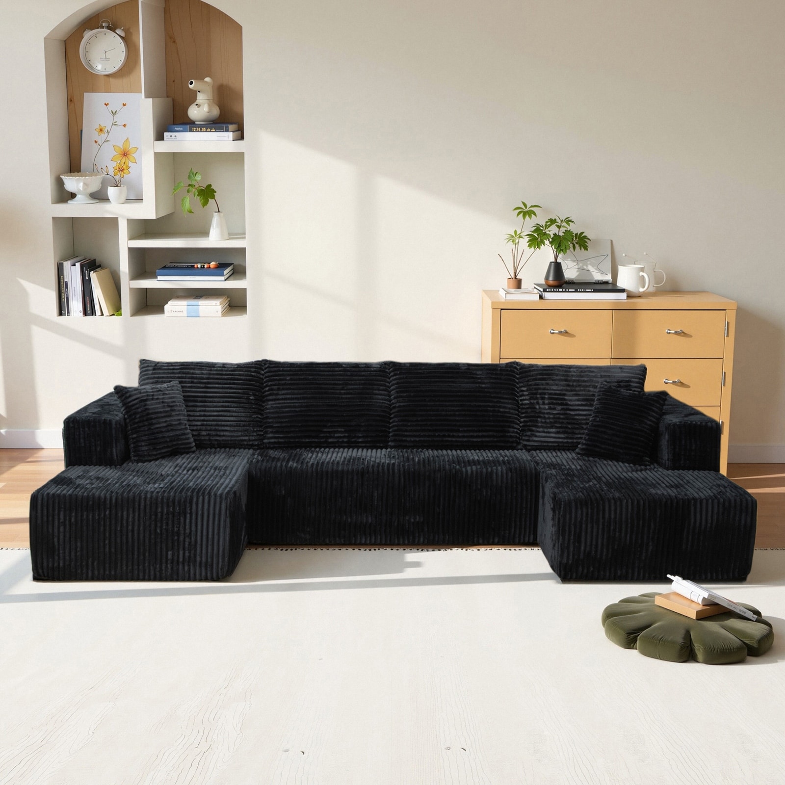 Black U-Shaped Modular Compression Sofa – Modern Minimalist Corduroy Design, No Assembly Required.