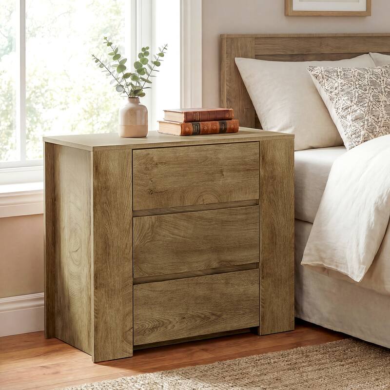 Farmhouse Nightstand with 3 Drawers, 31.5-Inch Wide Night Stand - Brown