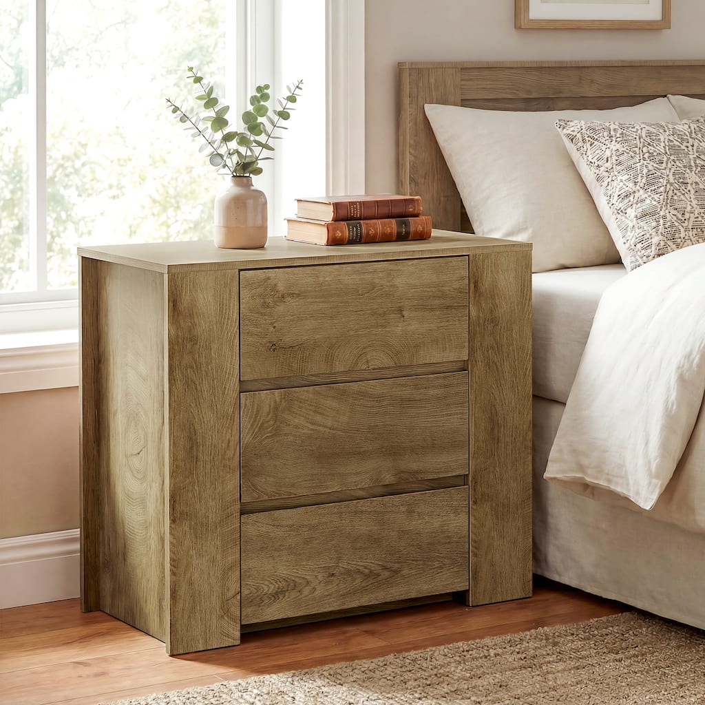 Oversized Nightstand with 3 Drawers, Farmhouse Night Stand