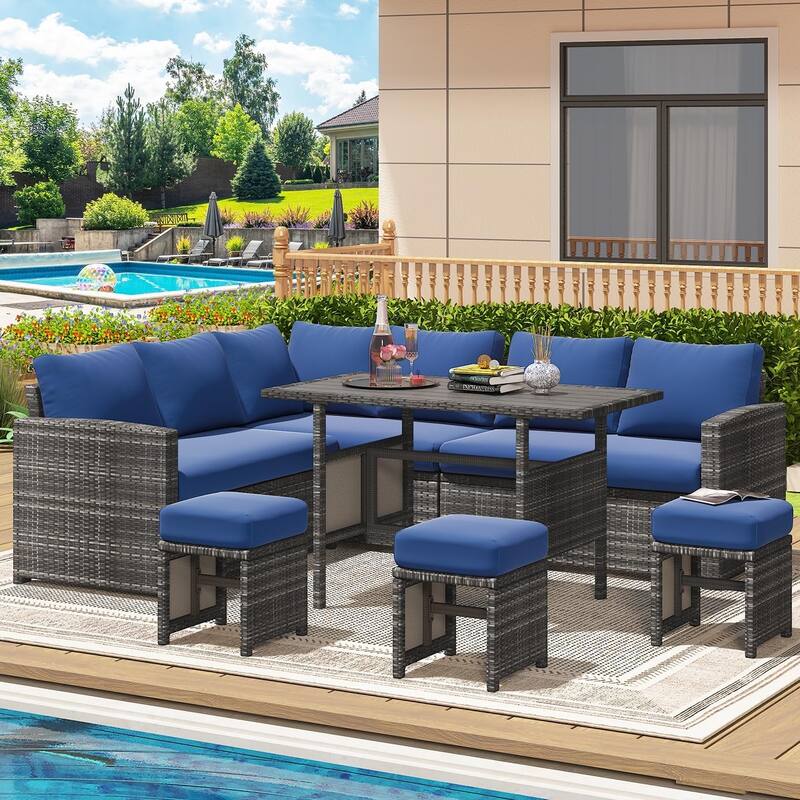 AECOJOY 7 Pieces Patio Furniture Set Outdoor Sectional Sofa Rattan Conversation Set - Navy Blue