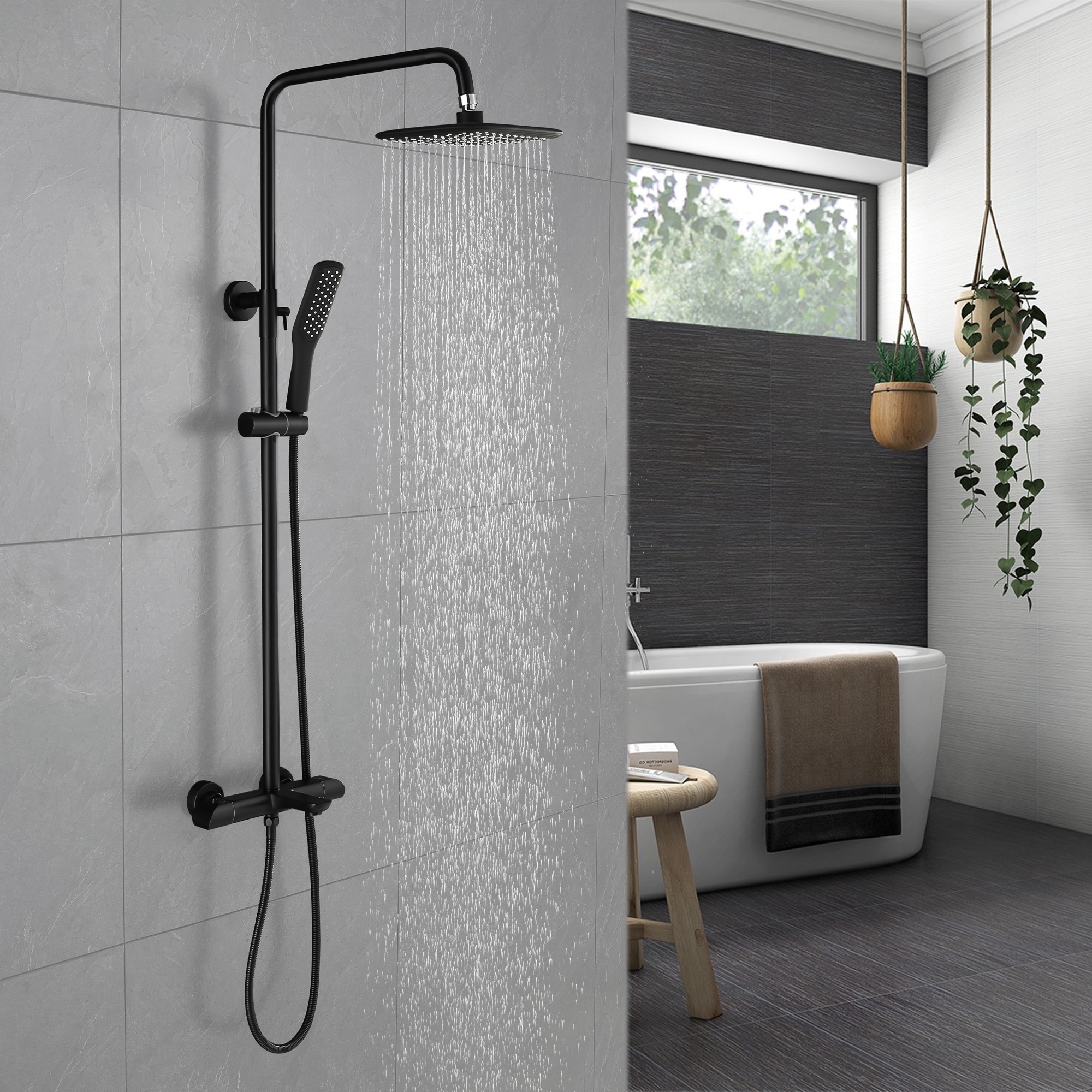 Modland Wall Exposed Install 3-Way Thermostatic Rain Shower Head System Black with Slider Bar