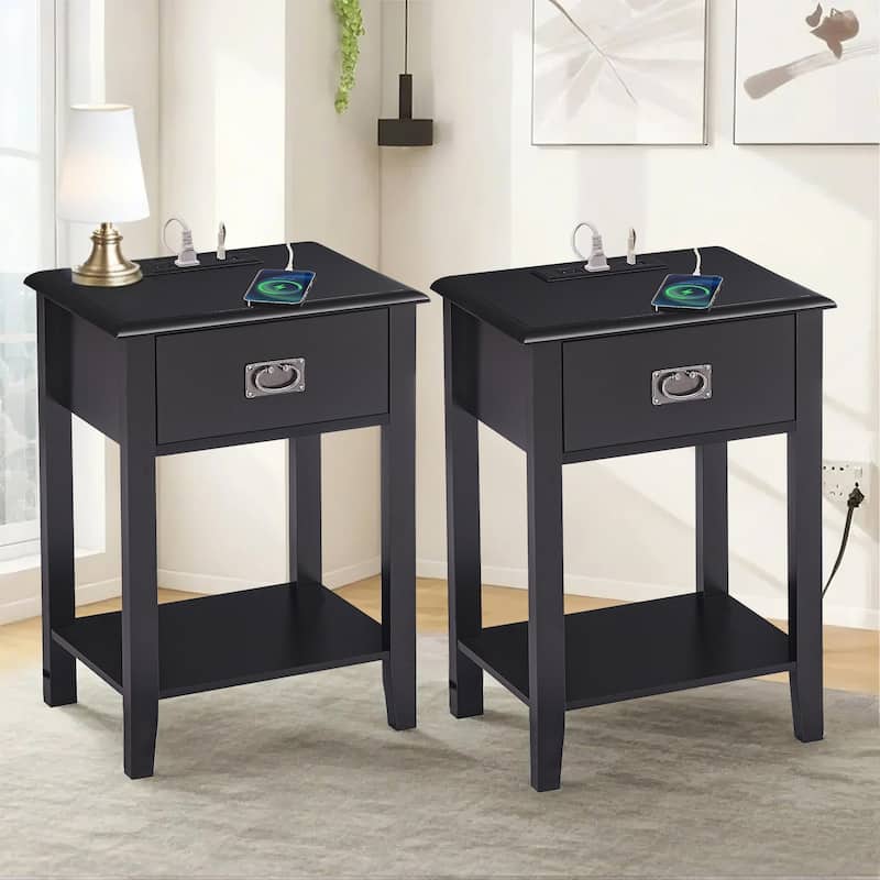 VECELO Mid Century Modern Nightstand with Charging Station and USB Port, Set of 2 Nightstands