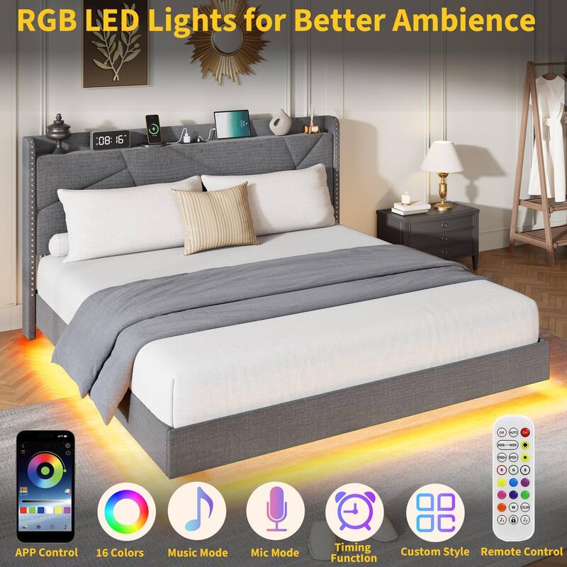 Full/Queen Floating Bed Frame with LED Lights & Charging Station, Upholstered Platform Beds with Storage Headboard